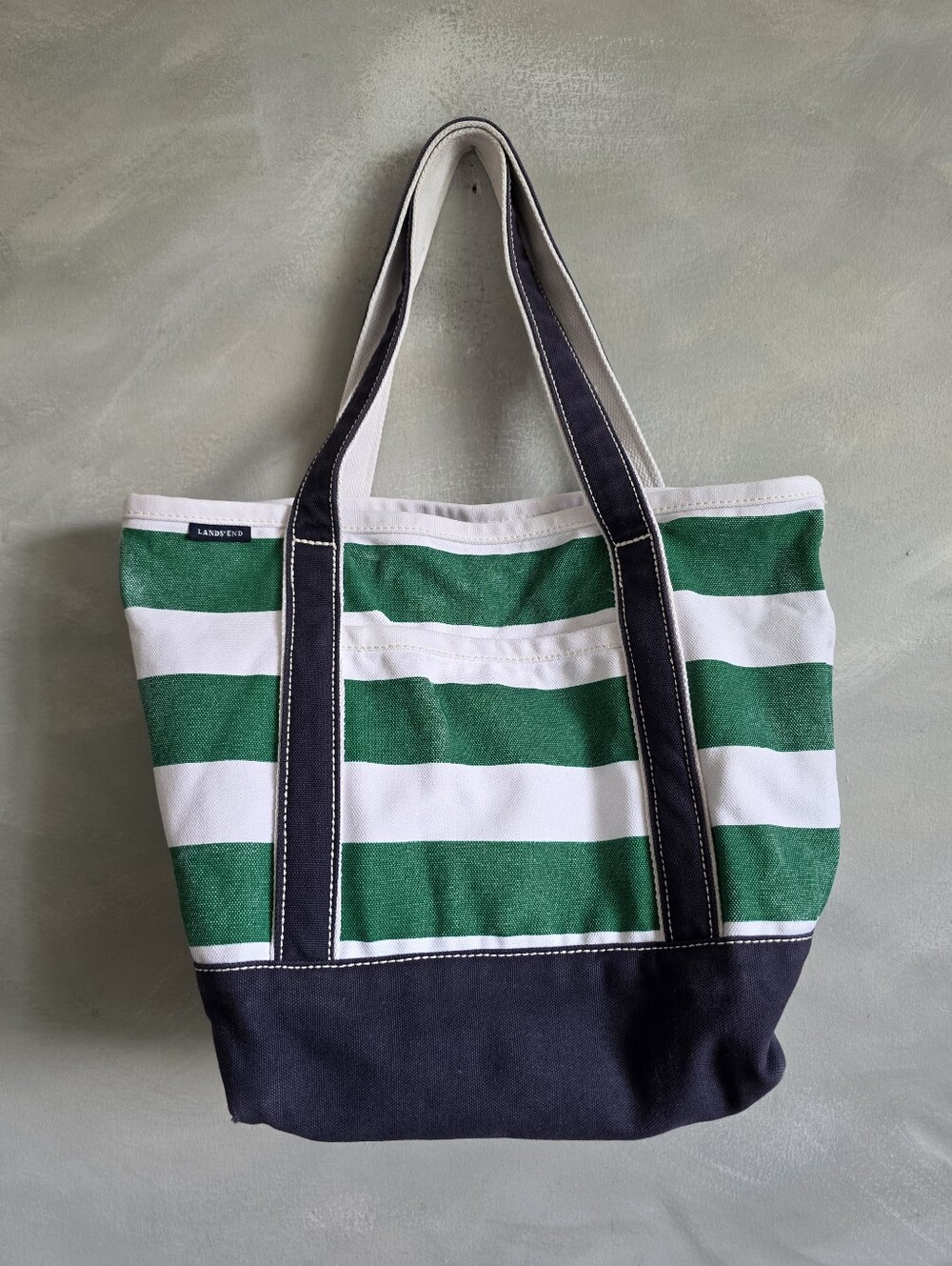 Lands End Medium Canvas Boat Tote Beach Travel Bag Blue Green 4 Pocket 16x12x6